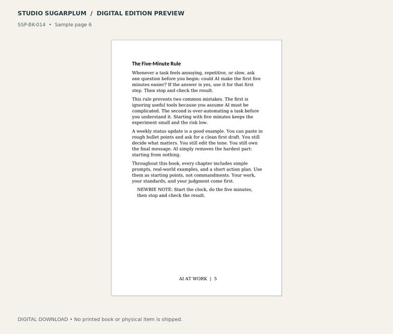 May include: A digital book page titled The Five-Minute Rule, featuring text about using AI for tasks. The header reads STUDIO SUGARPLUM / DIGITAL EDITION PREVIEW, SSP-BK-014, Sample page 6. The footer displays AI AT WORK | 5 on a white background.