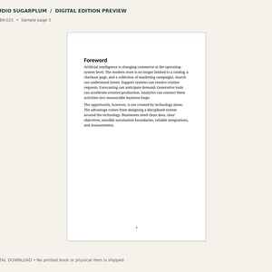 May include: A digital document preview titled Studio Sugarplum featuring a page with the heading Foreword. The text discusses artificial intelligence in commerce, emphasizing the need for disciplined systems, clean data, and clear objectives.