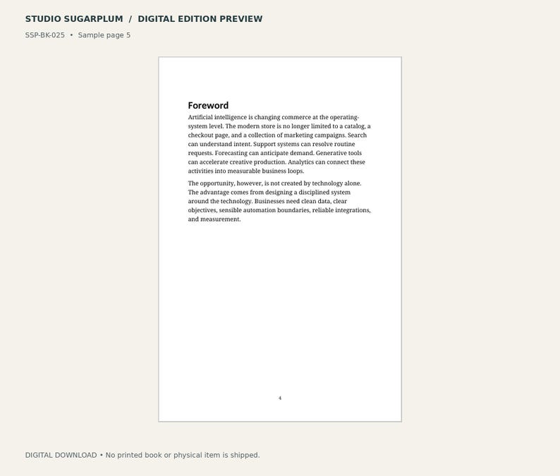 May include: A digital document preview titled Studio Sugarplum featuring a page with the heading Foreword. The text discusses artificial intelligence in commerce, emphasizing the need for disciplined systems, clean data, and clear objectives.