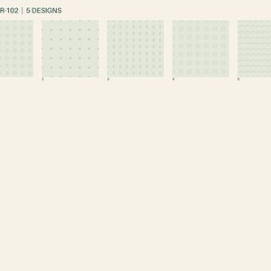 May include: A collection of five light green patterned papers labeled SSP-PPR-102 | 5 DESIGNS. The designs include small diamonds, dots, vertical leaf-like shapes, grid squares, and horizontal wavy lines, each numbered one through five respectively.
