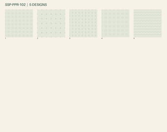 May include: A collection of five light green patterned papers labeled SSP-PPR-102 | 5 DESIGNS. The designs include small diamonds, dots, vertical leaf-like shapes, grid squares, and horizontal wavy lines, each numbered one through five respectively.