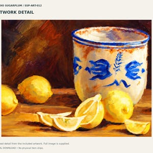 May include: An oil painting detail featuring a white ceramic crock with blue floral and wheat patterns, surrounded by several whole and sliced bright yellow lemons on a wooden surface against a dark brown background.