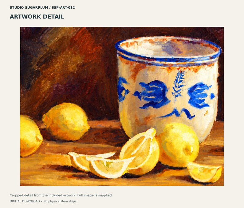 May include: An oil painting detail featuring a white ceramic crock with blue floral and wheat patterns, surrounded by several whole and sliced bright yellow lemons on a wooden surface against a dark brown background.