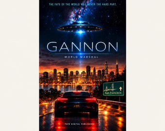 May include: A movie poster titled GANNON WORLD MARSHAL featuring a dark car on a wet road facing a San Francisco skyline at sunset. Above, a glowing UFO hovers in a starry night sky. Text reads: THE FATE OF THE WORLD WAS NEVER THE HARD PART.