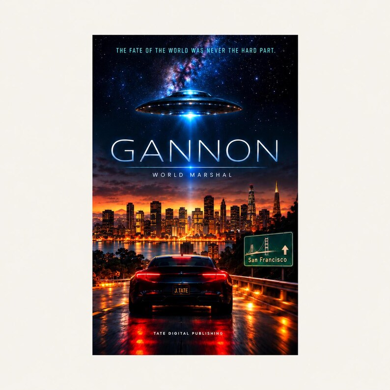 Pode incluir: Um cartaz de filme intitulado GANNON WORLD MARSHAL mostrando um carro escuro numa estrada molhada, um OVNI brilhante num c&eacute;u estrelado sobre o horizonte de uma cidade e uma placa de tr&acirc;nsito verde de San Francisco. O texto diz THE FATE OF THE WORLD WAS NEVER THE HARD PART.