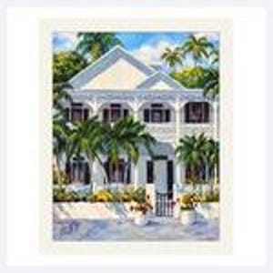 May include: A painting of a two-story white house with a gabled roof, dark shutters, and a front porch. The structure is surrounded by green palm trees and lush foliage under a blue sky. A small black gate sits at the front entrance.
