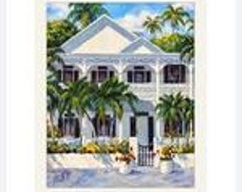 May include: A painting of a two-story white house with a gabled roof, a wrap-around porch, and dark shutters. The house is surrounded by lush green palm trees and tropical foliage under a bright blue sky with white clouds. A small gate is visible.