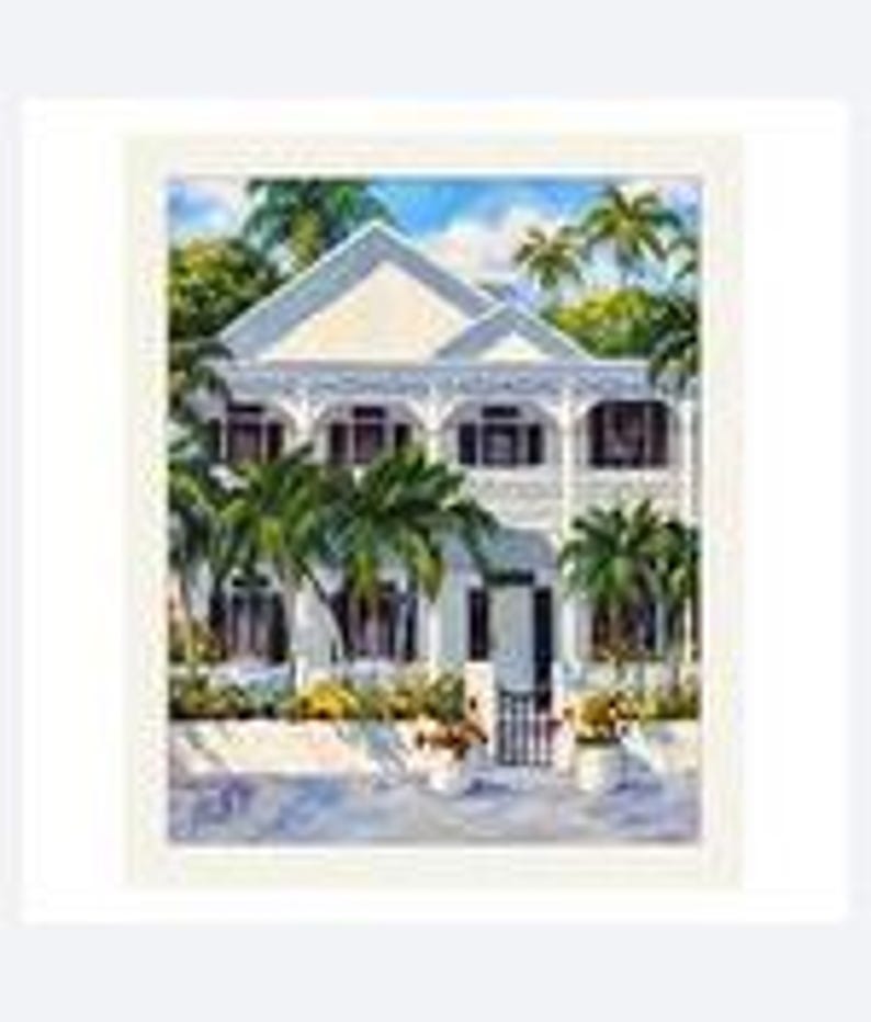 May include: A painting of a two-story white house with a gabled roof, dark shutters, and a front porch. The structure is surrounded by green palm trees and lush foliage under a blue sky. A small black gate sits at the front entrance.