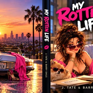 May include: A book cover titled My Rotten Life by J. Tate and Barry Shils. The front features a woman with dark hair and sunglasses, a small dog in sunglasses, and a man in a tie. The back shows a silver convertible with a California license plate.