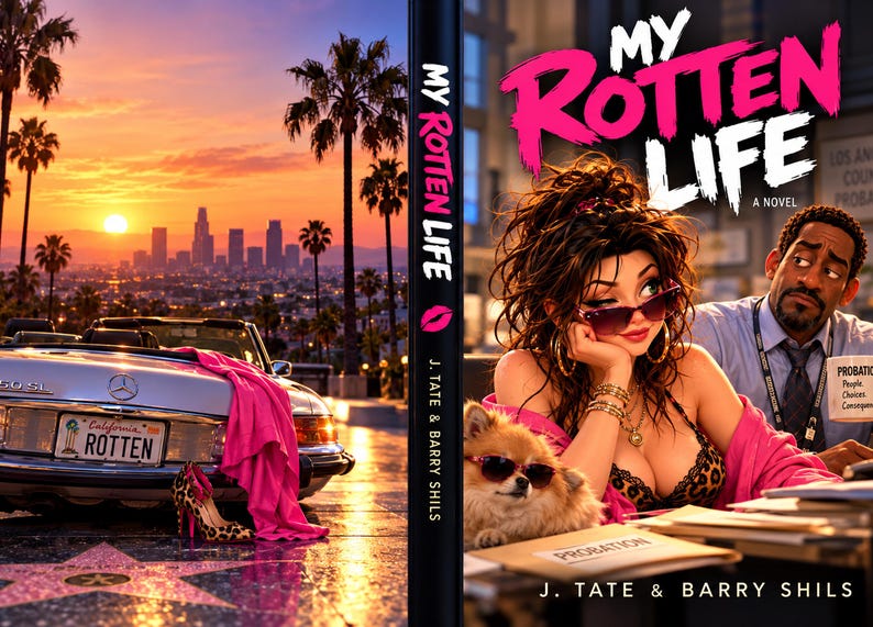 May include: A book cover titled My Rotten Life by J. Tate and Barry Shils. The front features a woman with dark hair and sunglasses, a small dog in sunglasses, and a man in a tie. The back shows a silver convertible with a California license plate.