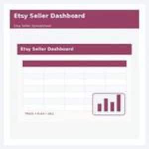 Może przedstawiać: Cyfrowy szablon arkusza kalkulacyjnego Etsy Seller Dashboard z bordowym nagł&oacute;wkiem i białym tekstem o treści Etsy Seller Dashboard oraz Track Plan Sell. Układ zawiera bordową sekcję tabeli danych i ikonę wykresu słupkowego.