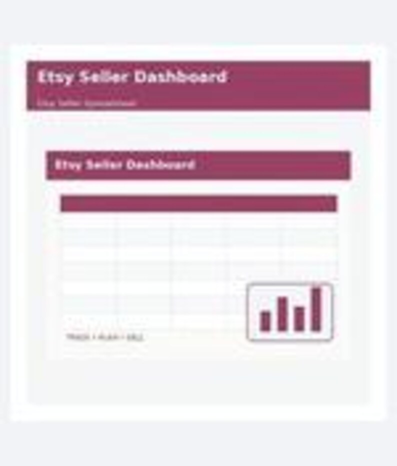 Może przedstawiać: Cyfrowy szablon arkusza kalkulacyjnego Etsy Seller Dashboard z bordowym nagł&oacute;wkiem i białym tekstem o treści Etsy Seller Dashboard oraz Track Plan Sell. Układ zawiera bordową sekcję tabeli danych i ikonę wykresu słupkowego.