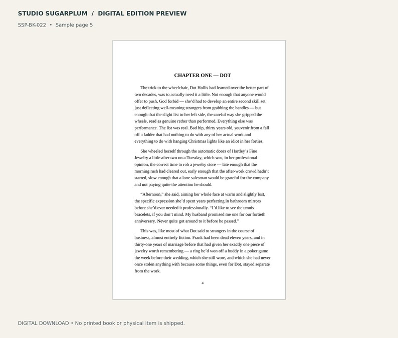 Puede incluir: Una p&aacute;gina de vista previa de libro digital titulada STUDIO SUGARPLUM con el texto SSP-BK-022 y Sample page 5. La p&aacute;gina muestra el Cap&iacute;tulo Uno titulado Dot, con texto negro sobre fondo blanco y el n&uacute;mero de p&aacute;gina 5 en la parte inferior.