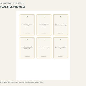 May include: A digital file preview featuring six rectangular tags with gold borders and a hole at the top. Each tag contains a unique affirmation: I release what I cannot control, I am grateful for this moment, My best is always enough, I am becoming who I'm meant to be, I welcome joy into my day, and I am strong enough for this.
