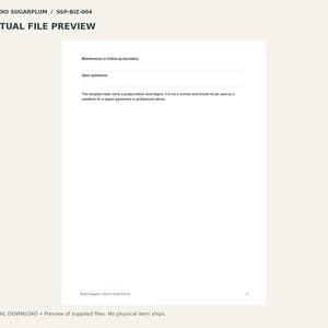 May include: A white digital document template titled Studio Sugarplum SSP-BIZ-004. The page features sections for Maintenance or follow-up boundary and Open questions, with a disclaimer stating it is not a contract or professional advice.