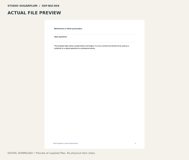 May include: A white digital document template titled Studio Sugarplum SSP-BIZ-004. The page features sections for Maintenance or follow-up boundary and Open questions, with a disclaimer stating it is not a contract or professional advice.