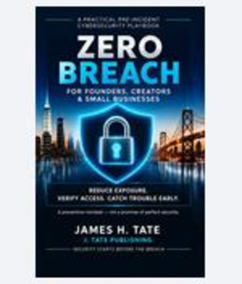 May include: A book titled Zero Breach: A Practical Pre-Incident Cybersecurity Playbook for Founders, Creators & Small Businesses by James H. Tate. The cover features a glowing blue shield with a padlock icon against a dark city skyline.