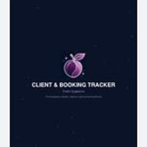 May include: A dark blue digital document cover featuring a stylized purple peach icon with small white stars. The text reads CLIENT & BOOKING TRACKER in white capital letters, with smaller, less legible text underneath the main title.
