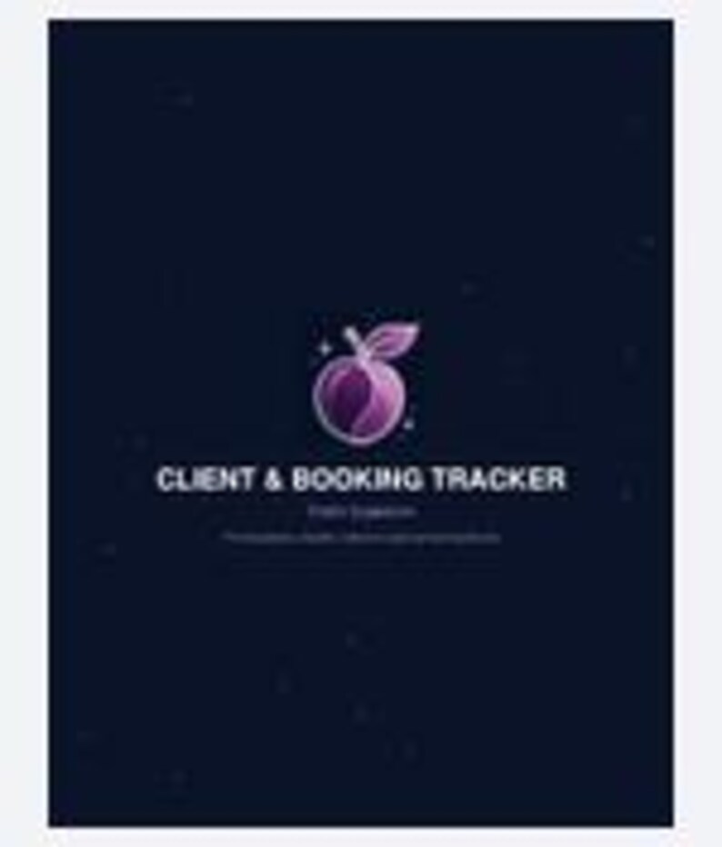 May include: A dark blue digital document cover featuring a stylized purple peach icon with small white stars. The text reads CLIENT & BOOKING TRACKER in white capital letters, with smaller, less legible text underneath the main title.