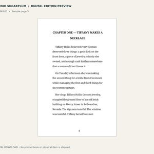 May include: A digital book sample page titled STUDIO SUGARPLUM / DIGITAL EDITION PREVIEW, SSP-BK-021, Sample page 5. The text displays CHAPTER ONE &mdash; TIFFANY MAKES A NECKLACE, followed by three paragraphs of narrative text and the page number 4.