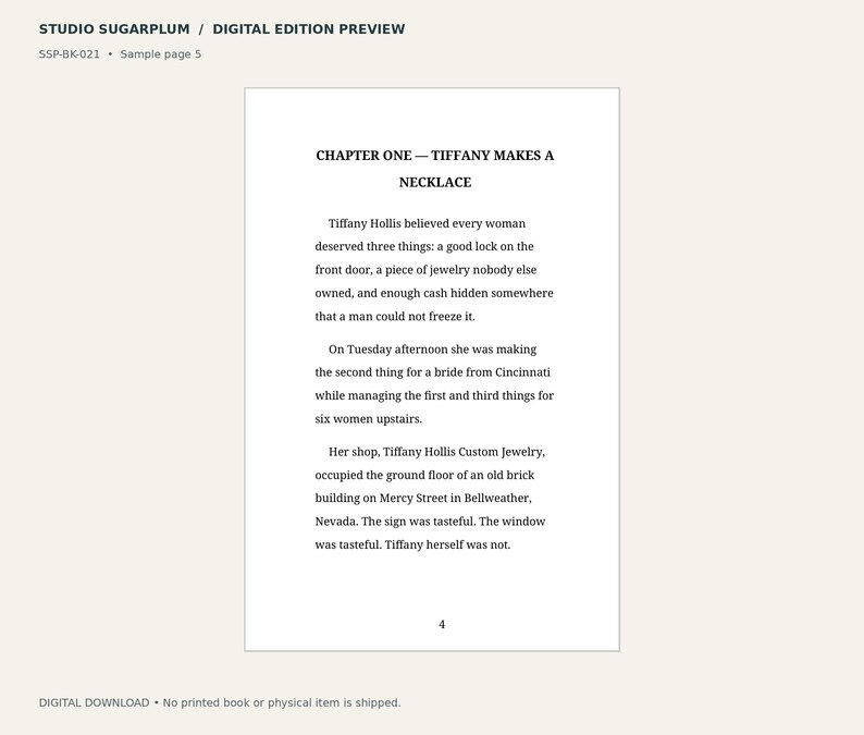 May include: A digital book sample page titled STUDIO SUGARPLUM / DIGITAL EDITION PREVIEW, SSP-BK-021, Sample page 5. The text displays CHAPTER ONE &mdash; TIFFANY MAKES A NECKLACE, followed by three paragraphs of narrative text and the page number 4.