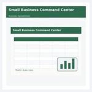 May include: A digital spreadsheet template titled Small Business Command Center with a dark green header, a white grid table, and a small bar chart icon in the bottom right corner. The text reads Small Business Command Center and TRACK PLAN SELL.