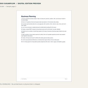 Puede incluir: Un documento digital titulado Studio Sugarplum Digital Edition Preview, Sample page 3. La p&aacute;gina presenta una lista numerada de diez indicaciones de planificaci&oacute;n empresarial, incluyendo tareas para un analista, an&aacute;lisis DAFO y planificaci&oacute;n de lanzamiento.