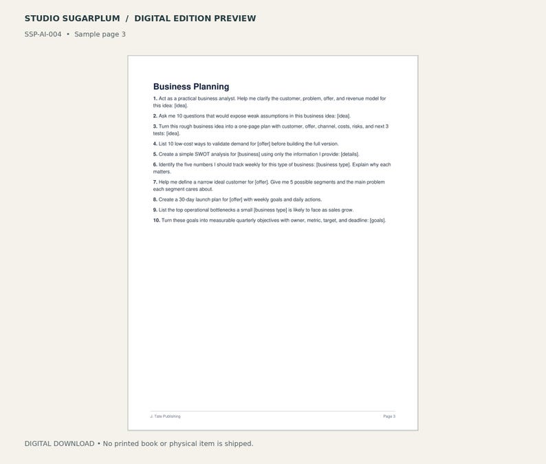 Puede incluir: Un documento digital titulado Studio Sugarplum Digital Edition Preview, Sample page 3. La p&aacute;gina presenta una lista numerada de diez indicaciones de planificaci&oacute;n empresarial, incluyendo tareas para un analista, an&aacute;lisis DAFO y planificaci&oacute;n de lanzamiento.