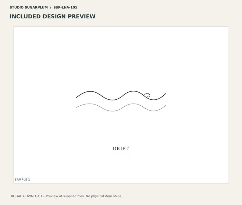 May include: A digital design preview featuring the text STUDIO SUGARPLUM / SSP-LNA-105, INCLUDED DESIGN PREVIEW, and the word DRIFT underlined. The central graphic consists of two thin, black, horizontal wavy lines, with a small spiral curl on the top line.