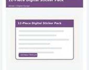May include: A digital product listing graphic featuring a purple header with the white text 12-Piece Digital Sticker Pack. Below, a white card displays the same title, five horizontal gray lines representing text, and a purple button labeled DETAILS.