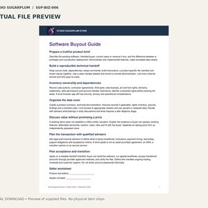 May include: A digital document titled Software Buyout Guide from Studio Sugarplum Store. The page outlines steps for preparing a product brief, technical handoff, inventory ownership, data rooms, valuation, transaction planning, and transition.