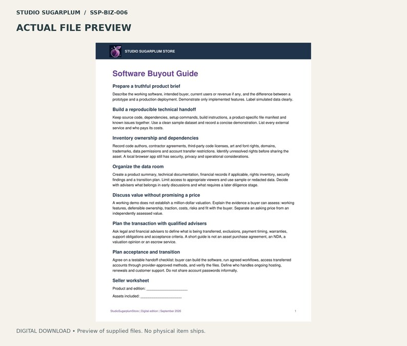 May include: A digital document titled Software Buyout Guide from Studio Sugarplum Store. The page outlines steps for preparing a product brief, technical handoff, inventory ownership, data rooms, valuation, transaction planning, and transition.