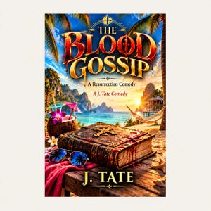 May include: A book cover titled The Blood Gossip, A Resurrection Comedy by J. Tate. The image features a weathered, dark leather book with a cross and red stains on a wooden deck, alongside sunglasses, a coconut drink, and a tropical beach.