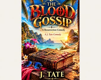 May include: A book cover titled The Blood Gossip, A Resurrection Comedy by J. Tate. The cover features a weathered, dark leather book with a cross emblem and red stains, resting on a wooden deck. Nearby are blue sunglasses, a coconut drink, and a tropical beach scene with palm trees and a hammock.