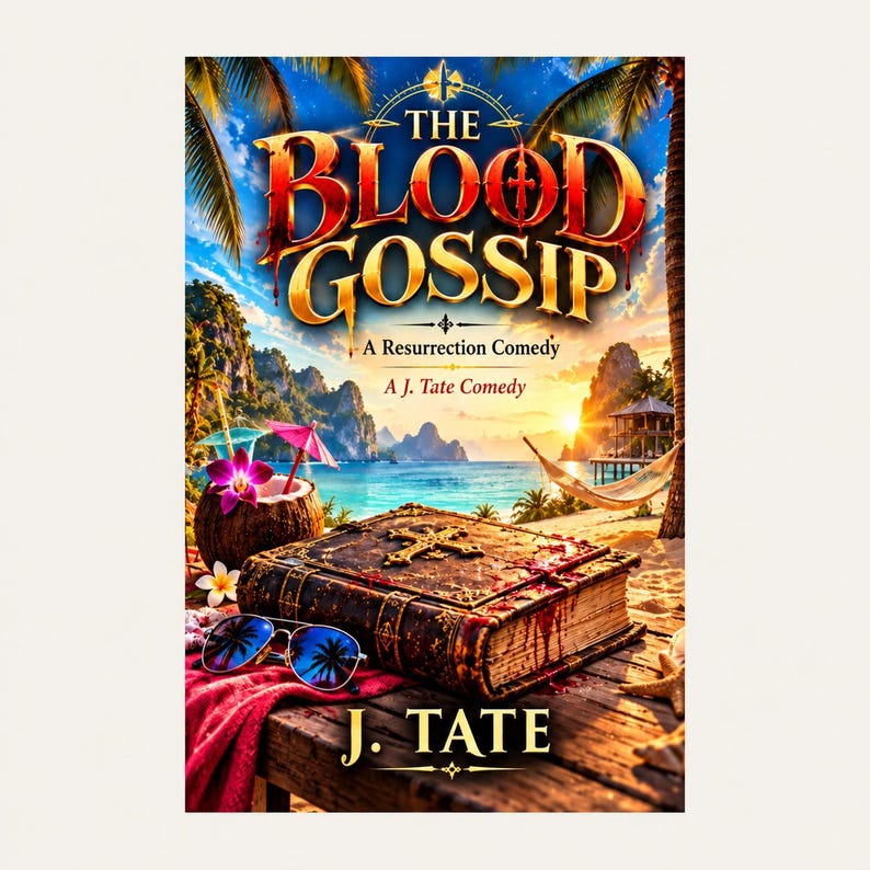 May include: A book cover titled The Blood Gossip, A Resurrection Comedy by J. Tate. The image features a weathered, dark leather book with a cross and red stains on a wooden deck, alongside sunglasses, a coconut drink, and a tropical beach.