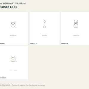 May include: A collection of four minimalist line art illustrations labeled Studio Sugarplum SSP-DES-104 A Closer Look. The designs include a bear face labeled Bear Hugs Only, a tall giraffe labeled Tall Dreams, a rabbit labeled Cottontail Cute, and a bear face labeled Cuddles & Naptimes.