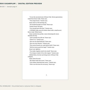 May include: A digital preview page from Studio Sugarplum, labelled SSP-BK-028, sample page 6. The text features a dialogue between characters named Roan and Tamsin, discussing the fall of House Vale, a burning city, and personal losses.