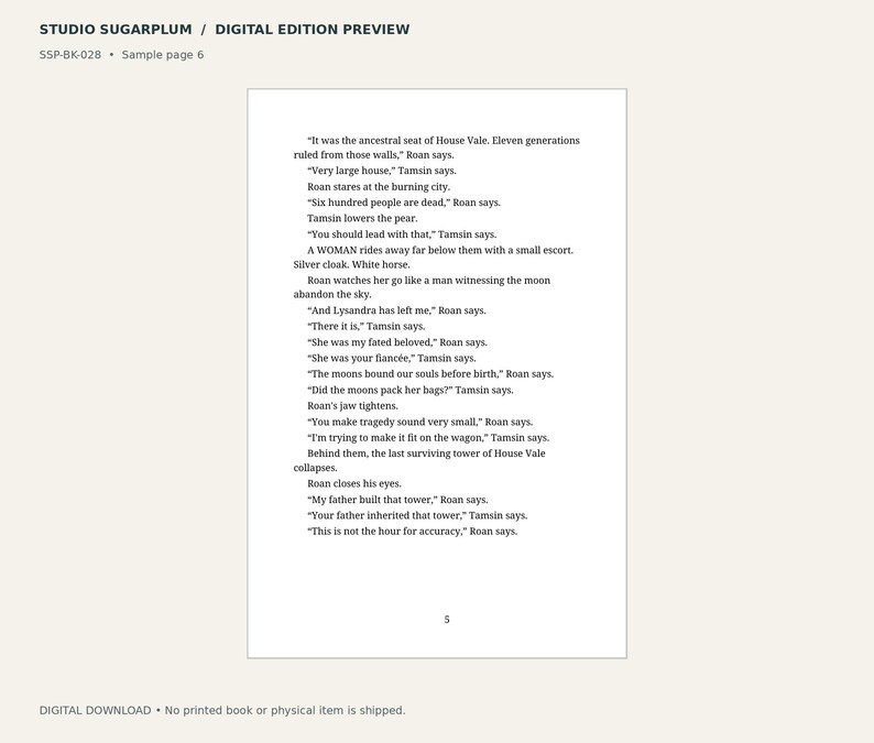 May include: A digital preview page from Studio Sugarplum, labelled SSP-BK-028, sample page 6. The text features a dialogue between characters named Roan and Tamsin, discussing the fall of House Vale, a burning city, and personal losses.