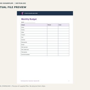 May include: A printable monthly budget planner page featuring a header with the Studio Sugarplum Store logo. The document includes a table with columns for Category, Planned, and Actual expenses, listing items like income, housing, utilities, and savings.