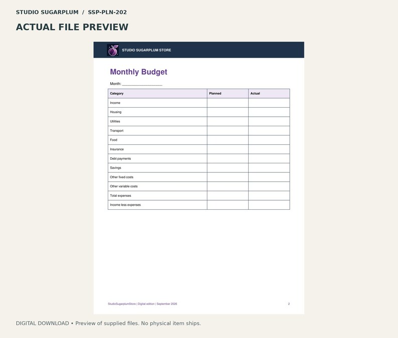 May include: A printable monthly budget planner page featuring a header with the Studio Sugarplum Store logo. The document includes a table with columns for Category, Planned, and Actual expenses, listing items like income, housing, utilities, and savings.