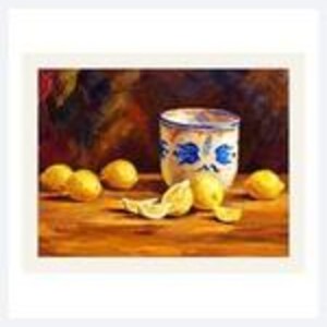 May include: A still life painting featuring a ceramic cup decorated with blue floral patterns, surrounded by several whole yellow lemons and a few sliced lemon wedges arranged on a warm-toned wooden surface against a dark background.