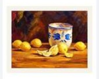 May include: A still life painting featuring a ceramic cup decorated with blue floral patterns, surrounded by several whole yellow lemons and a few sliced lemon wedges arranged on a warm-toned wooden surface against a dark background.