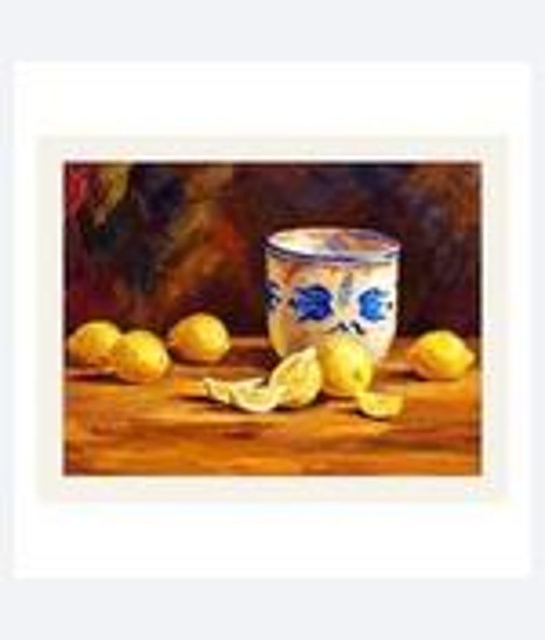 May include: A still life painting featuring a ceramic cup decorated with blue floral patterns, surrounded by several whole yellow lemons and a few sliced lemon wedges arranged on a wooden surface against a dark, textured background.
