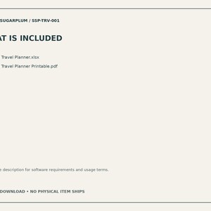 Puede incluir: Un documento digital titulado WHAT IS INCLUDED que enumera Vacation Travel Planner.xlsx y Vacation Travel Planner Printable.pdf, con el texto STUDIO SUGARPLUM / SSP-TRV-001 arriba y una nota sobre requisitos de software abajo.