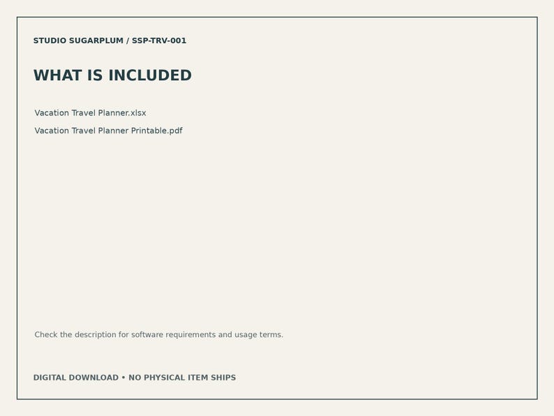 Puede incluir: Un documento digital titulado WHAT IS INCLUDED que enumera Vacation Travel Planner.xlsx y Vacation Travel Planner Printable.pdf, con el texto STUDIO SUGARPLUM / SSP-TRV-001 arriba y una nota sobre requisitos de software abajo.