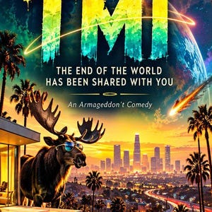 May include: A book cover titled TMI: THE END OF THE WORLD HAS BEEN SHARED WITH YOU, An Armageddon's Comedy by J. TATE. It features a moose wearing sunglasses by a pool, a city skyline at sunset, and a planet with a figure in a ring.