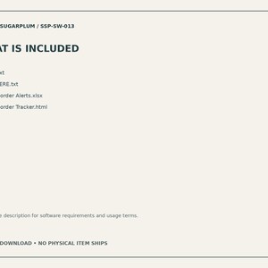 May include: A digital document listing file contents including USAGE.txt, START HERE.txt, Stock Reorder Alerts.xlsx, and Stock Reorder Tracker.html. The header displays STUDIO SUGARPLUM / SSP-SW-013 and the text WHAT IS INCLUDED.