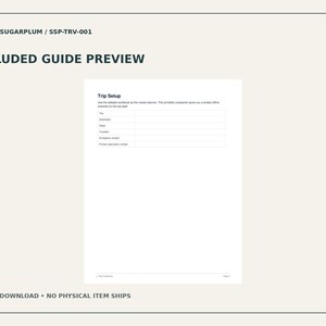Puede incluir: Una vista previa de documento digital titulada INCLUDED GUIDE PREVIEW con el texto STUDIO SUGARPLUM / SSP-TRV-001. La p&aacute;gina presenta un formulario Trip Setup con campos para Trip, Destination, Dates, Travelers, Emergency contact y Reservation number.