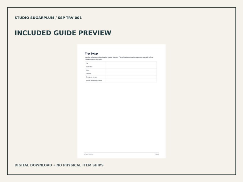 Puede incluir: Una vista previa de documento digital titulada INCLUDED GUIDE PREVIEW con el texto STUDIO SUGARPLUM / SSP-TRV-001. La p&aacute;gina presenta un formulario Trip Setup con campos para Trip, Destination, Dates, Travelers, Emergency contact y Reservation number.