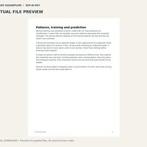 K&ouml;nnte beinhalten: Eine digitale Dokumentenseite mit dem Titel Patterns, training and prediction. Der Text erl&auml;utert Modelle des maschinellen Lernens, Trainingsphasen und die Zuverl&auml;ssigkeit von Tests. Enth&auml;lt eine &Uuml;bung und Seitenzahl 2.